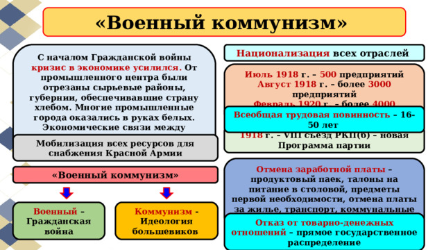«Военный коммунизм» С началом Гражданской войны кризис в экономике усилился. От промышленного центра были отрезаны сырьевые районы, губернии, обеспечивавшие страну хлебом. Многие промышленные города оказались в руках белых. Экономические связи между предприятиями, между городом и деревней распались. Национализация всех отраслей Июль 1918 г. – 500 предприятий Август 1918 г. – более 3000 предприятий Февраль 1920 г. – более 4000 предприятий Всеобщая трудовая повинность – 16-50 лет 1918 г. – VIII  съезд РКП(б) – новая Программа партии Мобилизация всех ресурсов для снабжения Красной Армии Отмена заработной платы – продуктовый паек, талоны на питание в столовой, предметы первой необходимости, отмена платы за жилье, транспорт, коммунальные и прочие услуги.  «Военный коммунизм» Коммунизм - Идеология большевиков Военный – Гражданская война Отказ от товарно-денежных отношений – прямое государственное распределение 