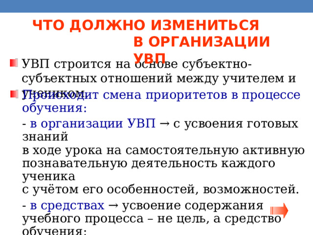 ЧТО ДОЛЖНО ИЗМЕНИТЬСЯ  В ОРГАНИЗАЦИИ УВП УВП строится на основе субъектно-субъектных отношений между учителем и учеником. Происходит смена приоритетов в процессе обучения:  - в организации УВП  → с усвоения готовых знаний  в ходе урока на самостоятельную активную познавательную деятельность каждого ученика  с учётом его особенностей, возможностей.  - в средствах → усвоение содержания учебного процесса – не цель, а средство обучения;  - в результатах → формирование ключевых компетентностей. 