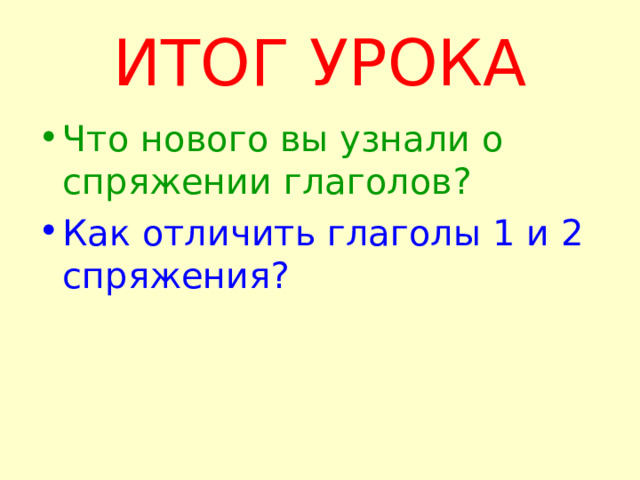 ИТОГ УРОКА Что нового вы узнали о спряжении глаголов? Как отличить глаголы 1 и 2 спряжения? 