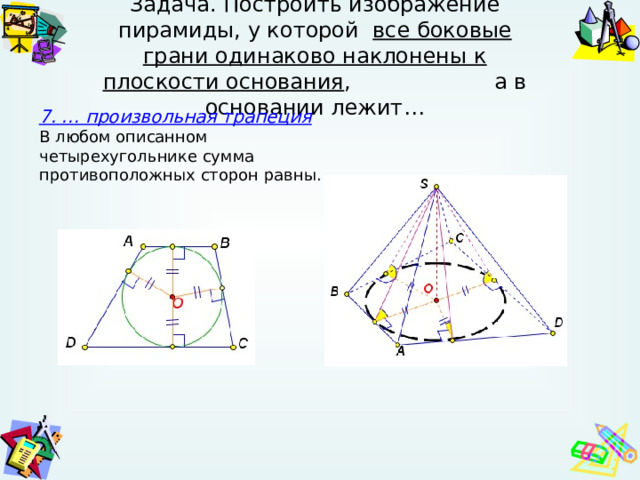 Задача. Построить изображение пирамиды, у которой все боковые грани одинаково наклонены к плоскости основания , а в основании лежит… 7. … произвольная трапеция 