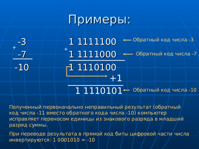 Примеры:  -3 1 1111100  -7 1 1111000  -10 1 1110100 Обратный код числа -3 + + Обратный код числа -7 +1 1 1110101 Обратный код числа -10 Полученный первоначально неправильный результат (обратный код числа -11 вместо обратного кода числа -10) компьютер исправляет переносом единицы из знакового разряда в младший разряд суммы. При переводе результата в прямой код биты цифровой части числа инвертируются: 1 0001010 = -10 