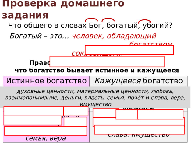 Проверка домашнего задания Богатый – это… человек, обладающий богатством, сокровищами Православные христиане считают,  что богатство бывает истинное и кажущееся Истинное богатство Делает человека по-настоящему счастливым, остаётся навсегда Кажущееся богатство духовные ценности, любовь, взаимопонимание, семья, вера Приносит временное удовлетворение, может исчезнуть со временем материальные ценности, деньги, власть, почёт и слава, имущество духовные ценности, материальные ценности, любовь, взаимопонимание, деньги, власть, семья, почёт и слава, вера, имущество 
