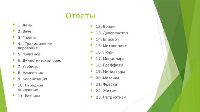 Ответы 1. Дань 2. Вече 3. Гривна 4. . Традиционное верование 5. политика 6. Династический брак 7. Усобицы 8. Наместник 9. Колонизация 10. Народное ополчение 11. Вотчина 12. Бояре 13. Духовенство 14. Епископ 15. Митрополит 16. Люди 17. Монастырь 18. Граффити 19. Миниатюра 20. Мозаика 21. Фреска 22. Житие 23. Патриотизм 