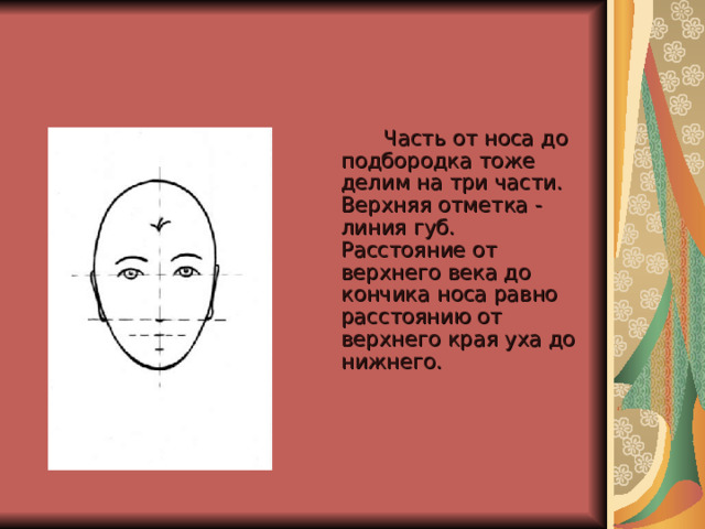  Часть от носа до подбородка тоже делим на три части. Верхняя отметка - линия губ.  Расстояние от верхнего века до кончика носа равно расстоянию от верхнего края уха до нижнего.      
