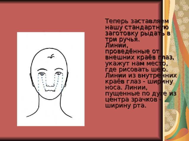  Теперь заставляем нашу стандартную заготовку рыдать в три ручья.  Линии,  проведённые от внешних краёв глаз, укажут нам место, где рисовать шею.  Линии из внутренних краёв глаз - ширину носа. Линии, пущенные по дуге из  центра зрачков - ширину рта.     