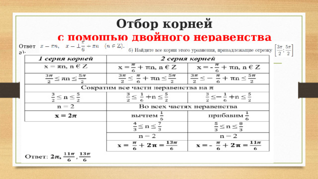 Отбор корней  с помощью двойного неравенства Ответ а): 