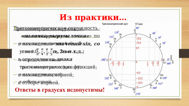 Из практики… Тригонометрическая окружность -    «палочка-выручалочка» - поможет в нахождении значений  sin, сos  углов 0, , , , , π, 2π и т.д.;  в определении знака   тригонометрических функций; в нахождении корней; в отборе корней. 