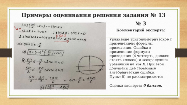 Примеры оценивания решения задания № 13 № 3 Комментарий эксперта: Уравнение тригонометрическое с применением формулы приведения. Ошибка в применении формулы приведения (4 четверть, должен стоять «плюс») и «сокращение» уравнения на cos x . При этом допущены две серьезные алгебраические ошибки. Пункт б) не рассматривается. Оценка эксперта : 0 баллов.  