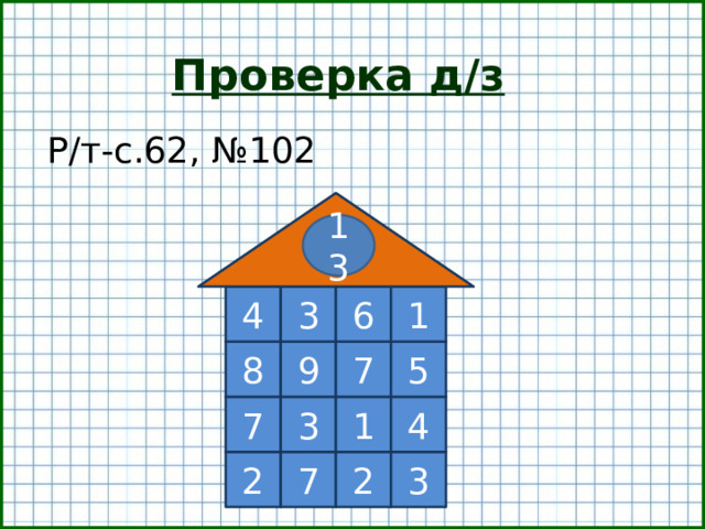 Проверка д/з Р/т-с.62, №102 13 1 6 3 4 7 5 8 9 4 1 3 7 3 2 7 2  