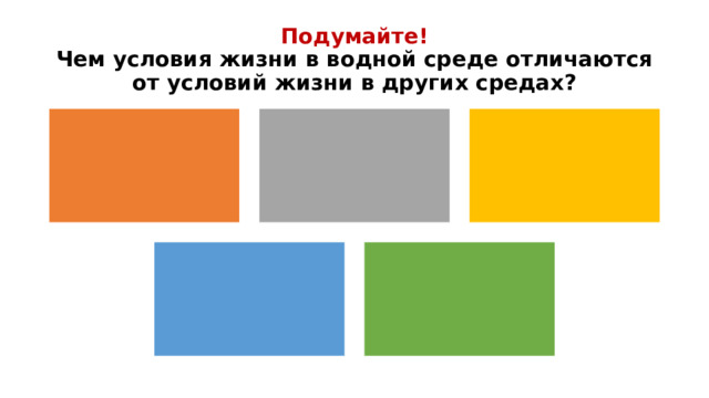 Подумайте!  Чем условия жизни в водной среде отличаются от условий жизни в других средах? 