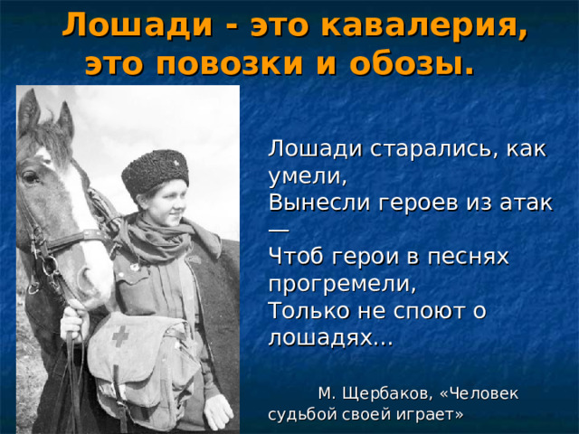  Лошади - это кавалерия, это повозки и обозы.  Лошади старались, как умели,  Вынесли героев из атак —  Чтоб герои в песнях прогремели,  Только не споют о лошадях...   М. Щербаков, «Человек судьбой своей играет»   