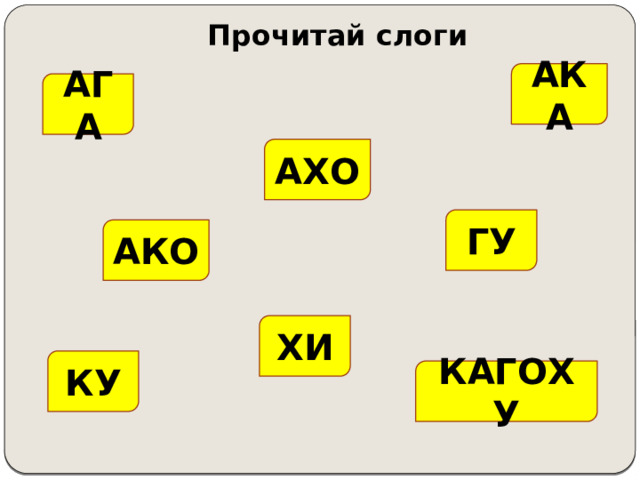 Прочитай слоги АКА АГА АХО ГУ АКО ХИ КУ КАГОХУ 