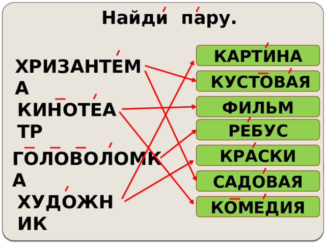 Найди пару. КАРТИНА ХРИЗАНТЕМА  КУСТОВАЯ ФИЛЬМ КИНОТЕАТР РЕБУС ГОЛОВОЛОМКА КРАСКИ САДОВАЯ ХУДОЖНИК КОМЕДИЯ 