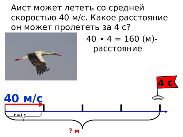 4 с Аист может лететь со средней скоростью 40 м/с. Какое расстояние он может пролететь за 4 с? 40 ∙ 4 = 160 (м)- расстояние 40 м/с t =1 с ? м 
