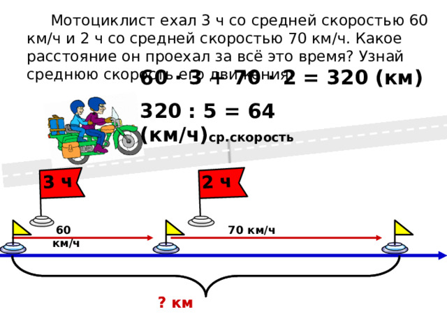 3 ч 2 ч  Мотоциклист ехал 3 ч со средней скоростью 60 км/ч и 2 ч со средней скоростью 70 км/ч. Какое расстояние он проехал за всё это время? Узнай среднюю скорость его движения. 60 ∙ 3 + 70 ∙ 2 = 320 (км) 320 : 5 = 64 (км/ч) ср.скорость  60 км/ч 70 км/ч ? км ? км 
