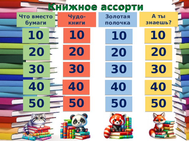 Книжное ассорти Книжное ассорти А ты знаешь? Чудо-книги Что вместо бумаги Золотая полочка 10 10 10 10 20 20 20 20 30 30 30 30 40 40 40 40 50 50 50 50 