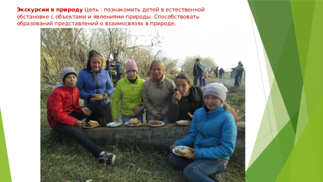 Экскурсии в природу  Цель : познакомить детей в естественной обстановке с объектами и явлениями природы. Способствовать образований представлений о взаимосвязях в природе. 