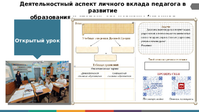 Деятельностный  аспект  личного вклада  педагога  в развитие  образования  и  степень  его  новизны  (урочная  деятельность)    Открытый урок 