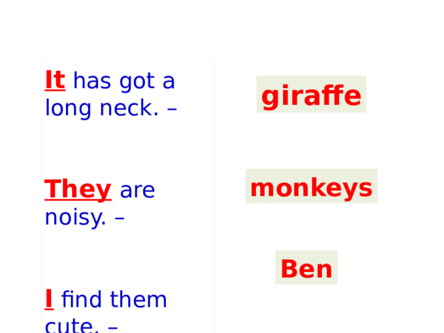 It  has got a long neck. –   They   are noisy. –   I  find them cute. – giraffe monkeys Ben 