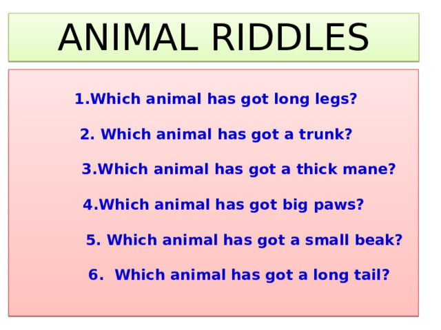 ANIMAL RIDDLES   1.Which animal has got long legs?   2. Which animal has got a trunk?   3.Which animal has got a thick mane?   4.Which animal has got big paws?   5. Which animal has got a small beak?   6. Which animal has got a long tail?   
