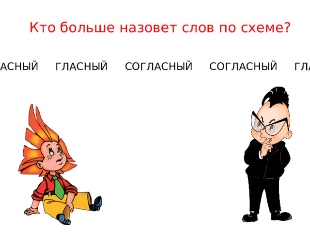 Кто больше назовет слов по схеме? СОГЛАСНЫЙ ГЛАСНЫЙ СОГЛАСНЫЙ СОГЛАСНЫЙ ГЛАСНЫЙ 