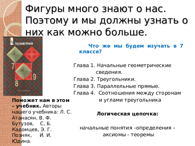 Фигуры много знают о нас.  Поэтому и мы должны узнать о них как можно больше.  Что же мы будем изучать в 7 классе? Глава 1. Начальные геометрические  сведения. Глава 2. Треугольники. Глава 3. Параллельные прямые. Глава 4. Соотношения между сторонам  и углами треугольника Логическая цепочка:  начальные понятия –определения – аксиомы - теоремы Поможет нам в этом –  учебник. Авторы нашего учебника: Л. С. Атанасян, В. Ф. Бутузов, С, Б. Кадомцев, Э. Г. Позняк, И. И. Юдина. 