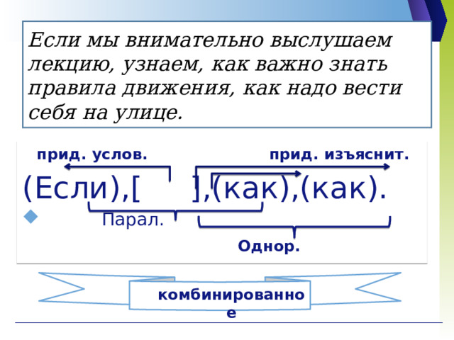Если мы внимательно выслушаем лекцию, узнаем, как важно знать правила движения, как надо вести себя на улице.  прид. услов. прид. изъяснит. (Если),[ ],(как),(как).  Парал. Однор. комбинированное 