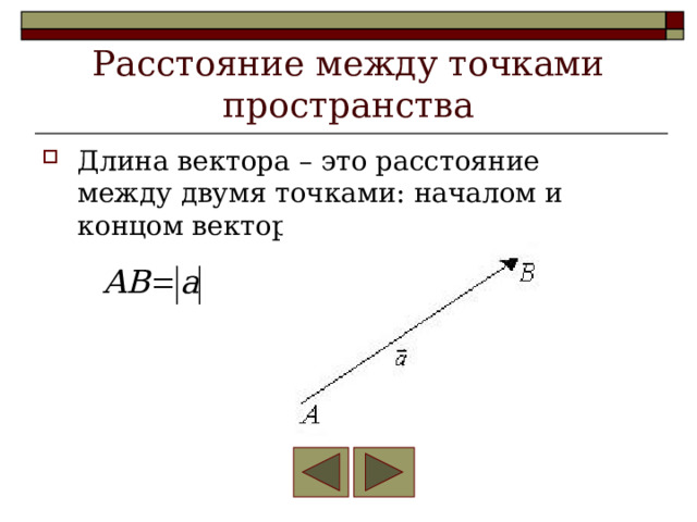 Расстояние между точками пространства Длина вектора – это расстояние между двумя точками: началом и концом вектора 