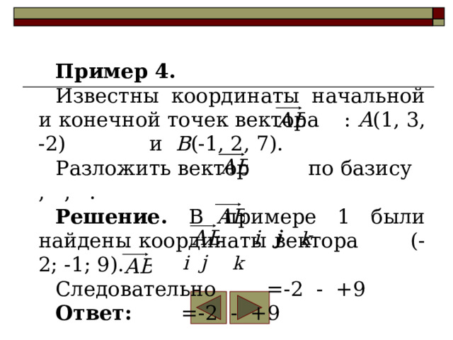 Пример 4. Известны координаты начальной и конечной точек вектора : A (1, 3, -2) и B (-1, 2, 7). Разложить вектор по базису , , . Решение. В примере 1 были найдены координаты вектора (-2; -1; 9).  Следовательно =-2 - +9 Ответ: =-2 - +9 