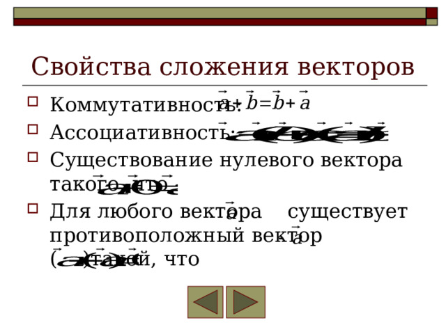 Свойства сложения векторов Коммутативность: Ассоциативность: Существование нулевого вектора такого, что Для любого вектора существует противоположный вектор ( )такой, что 