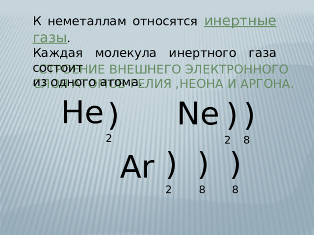 К неметаллам относятся инертные газы . Каждая молекула инертного газа состоит из одного атома. Строение внешнего электронного слоя атомов гелия ,неона и аргона. He Ne ) ) ) 2 8 2 ) ) ) Ar 2 8 8 
