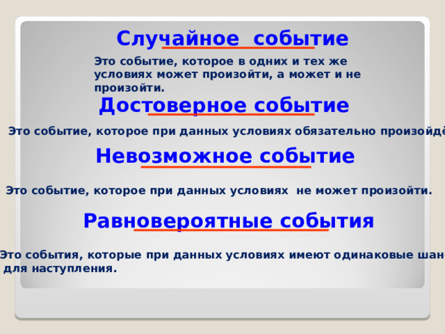 C лучайное событие  Это событие, которое в одних и тех же условиях может произойти, а может и не произойти. Достоверное событие Это событие, которое при данных условиях обязательно произойдёт. Невозможное событие Это событие, которое при данных условиях не может произойти. Равновероятные события Это события, которые при данных условиях имеют одинаковые шансы  для наступления. 