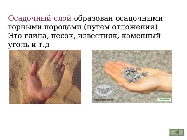 Осадочный слой образован осадочными горными породами (путем отложения) Это глина, песок, известняк, каменный уголь и т.д 