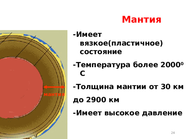 Мантия - Имеет вязкое(пластичное) состояние -Температура более 2000 0 С -Толщина мантии от 30 км до 2900 км -Имеет высокое давление  мантия Ишмуратова Лилия Маликовна  