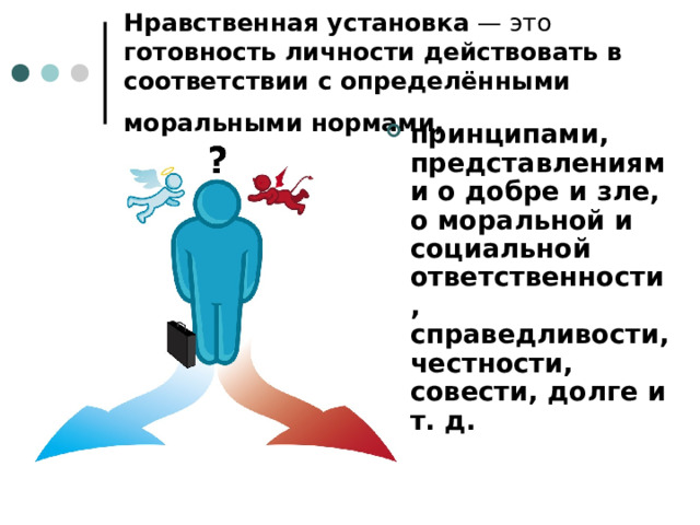 Нравственная установка — это готовность личности действовать в соответствии с определёнными моральными нормами,  принципами, представлениями о добре и зле, о моральной и социальной ответственности, справедливости, честности, совести, долге и т. д. 