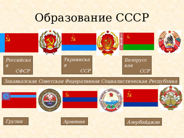 Образование СССР Украинская ССР Белорусская Российская СФСР ССР Закавказская Советская Федеративная Социалистическая Республика Грузия Армения Азербайджан 