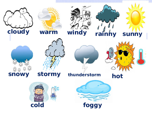 cloudy warm windy rainny sunny snowy stormy thunderstorm hot cold foggy 