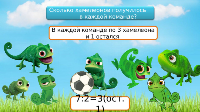 Сколько хамелеонов получилось в каждой команде? В каждой команде по 3 хамелеона и 1 остался. 7:2=3(ост.1) 