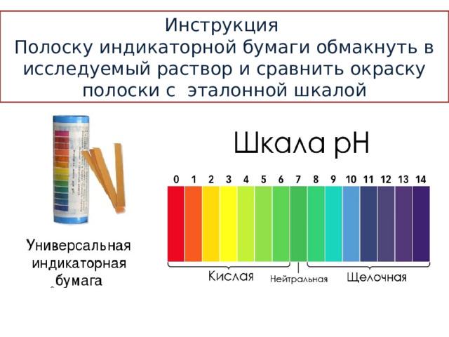 Инструкция Полоску индикаторной бумаги обмакнуть в исследуемый раствор и сравнить окраску полоски с эталонной шкалой 
