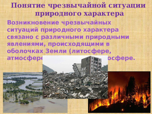 Понятие чрезвычайной ситуации  природного характера Возникновение чрезвычайных ситуаций природного характера связано с различными природными явлениями, происходящими в оболочках Земли (литосфере, атмосфере, гидросфере и биосфере. 
