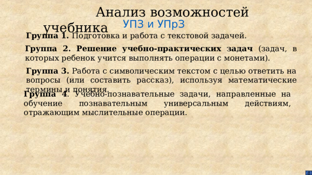  Анализ возможностей учебника   УПЗ и УПрЗ Группа 1. Подготовка и работа с текстовой задачей. Группа 2. Решение учебно-практических задач (задач, в которых ребенок учится выполнять операции с монетами). Группа 3. Работа с символическим текстом с целью ответить на вопросы (или составить рассказ), используя математические термины и понятия. Группа 4 . Учебно-познавательные задачи, направленные на обучение познавательным универсальным действиям, отражающим мыслительные операции. 