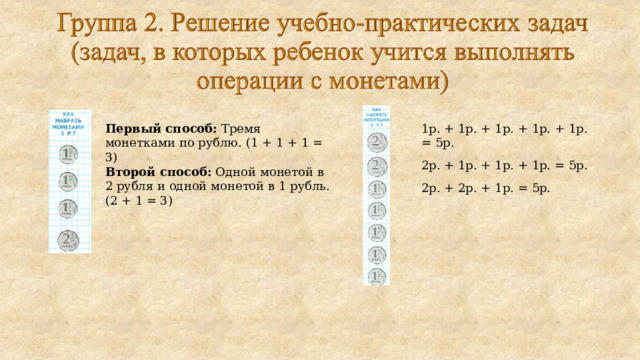 Первый способ:  Тремя монетками по рублю. (1 + 1 + 1 = 3) Второй способ:  Одной монетой в 2 рубля и одной монетой в 1 рубль. (2 + 1 = 3) 1р. + 1р. + 1р. + 1р. + 1р. = 5р. 2р. + 1р. + 1р. + 1р. = 5р. 2р. + 2р. + 1р. = 5р. 