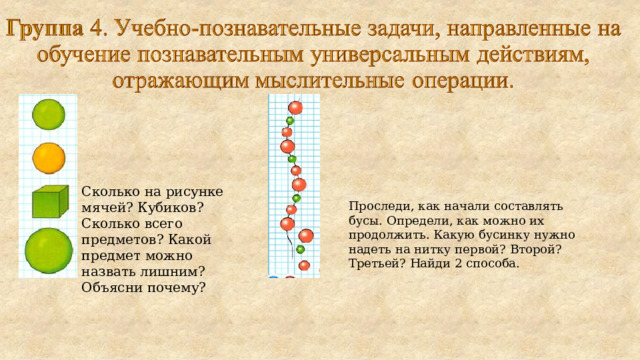 Сколько на рисунке мячей? Кубиков? Сколько всего предметов? Какой предмет можно назвать лишним? Объясни почему? Проследи, как начали составлять бусы. Определи, как можно их продолжить. Какую бусинку нужно надеть на нитку первой? Второй? Третьей? Найди 2 способа. 
