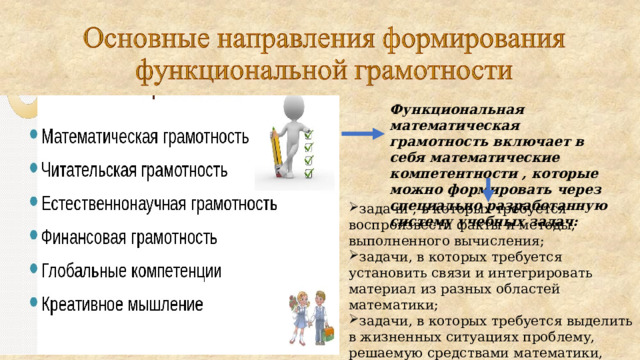 Функциональная математическая грамотность включает в себя математические компетентности , которые можно формировать через специально разработанную систему учебных задач: задачи , в которых требуется воспроизвести факты и методы, выполненного вычисления; задачи, в которых требуется установить связи и интегрировать материал из разных областей математики; задачи, в которых требуется выделить в жизненных ситуациях проблему, решаемую средствами математики, построить модель решения. 