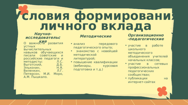 Условия формирования личного вклада Научно-исследовательские Организационно-педагогические Методические О важности развития устных вычислительных навыков обучающихся писали советские и российские педагоги и методисты: Л.С. Выготский, Д.Б. Эльконин, Н.Я. Виленкин, Л.Г. Петерсон, М.И. Моро, А.М. Пышкало. анализ передового педагогического опыта;  знакомство с новейшей методической литературой; повышение квалификации (вебинары, курсовая подготовка и т.д.) участие в работе школьного методического объединения учителей начальных классов; участие в сетевых профессиональных педагогических сообществах; публикации на интернет-сайтах 