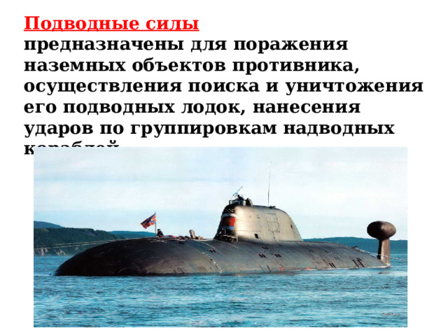  Подводные силы    предназначены для поражения наземных объектов противника, осуществления поиска и уничтожения его подводных лодок, нанесения ударов по группировкам надводных кораблей. 
