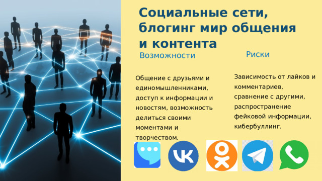  Социальные сети, блогинг мир общения и контента Риски Возможности Зависимость от лайков и комментариев, сравнение с другими, распространение фейковой информации, кибербуллинг. Общение с друзьями и единомышленниками, доступ к информации и новостям, возможность делиться своими моментами и творчеством. 