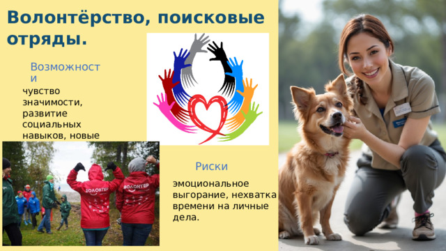  Волонтёрство, поисковые отряды. Возможности чувство значимости, развитие социальных навыков, новые знакомства,милосердие. Риски эмоциональное выгорание, нехватка времени на личные дела. 