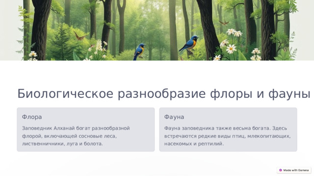 Биологическое разнообразие флоры и фауны Флора Фауна Заповедник Алханай богат разнообразной флорой, включающей сосновые леса, лиственничники, луга и болота. Фауна заповедника также весьма богата. Здесь встречаются редкие виды птиц, млекопитающих, насекомых и рептилий.  