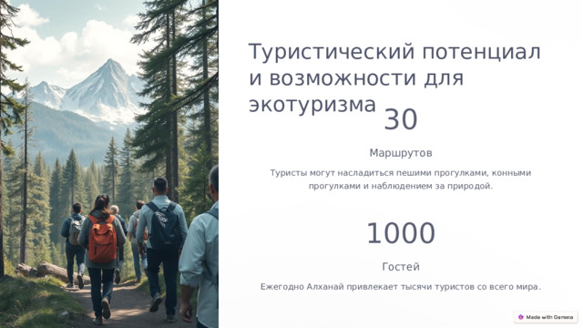 Туристический потенциал и возможности для экотуризма 30 Маршрутов Туристы могут насладиться пешими прогулками, конными прогулками и наблюдением за природой. 1000 Гостей Ежегодно Алханай привлекает тысячи туристов со всего мира.  